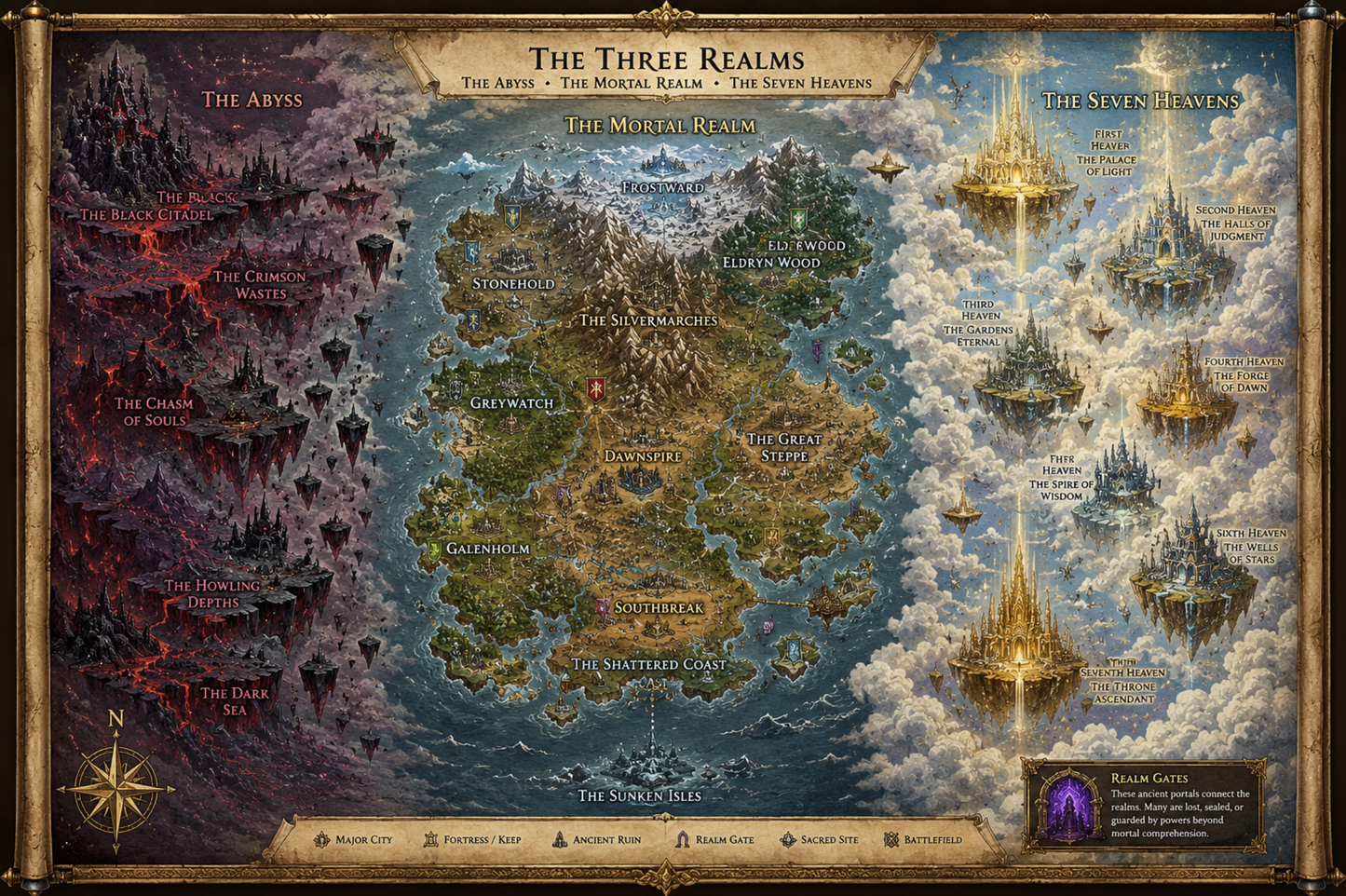 ATLAS OF THE THREE REALM - Hand-painted - 22.5" x 30" archive paper